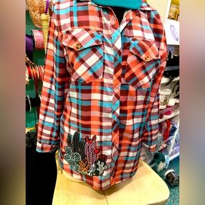 Upcycled plaid with cactus embroidered patch med/lg